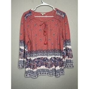 Lucky Brand Boho Coral Blue Floral Women’s Shirt 3/4 Sleeve Size Large